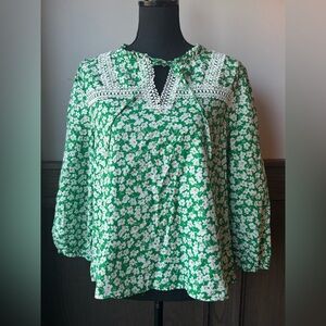 Alice Blue Green and White Floral Peasant Boho Blouse XL
